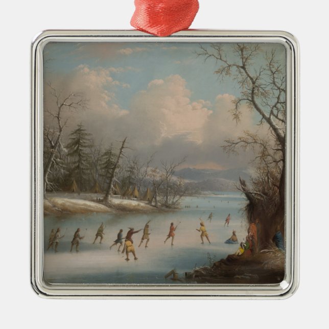 Indians Playing Lacrosse on the Ice Metal Tree Decoration (Front)