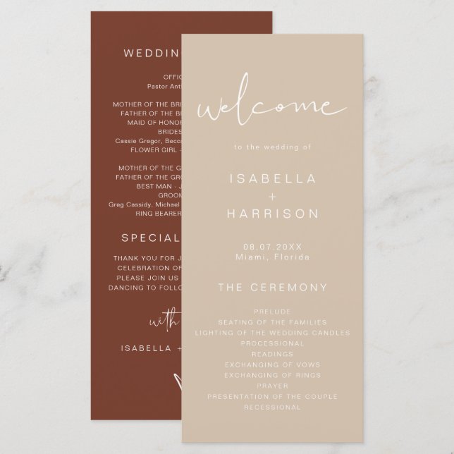 INDIE Bohemian Earth Toned Beige Wedding Program Menu (Front/Back)
