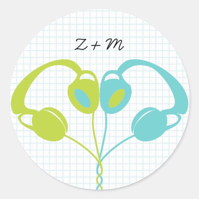 Indie Headphone Heart Blue / Lime Green Wedding Classic Round Sticker (Front)