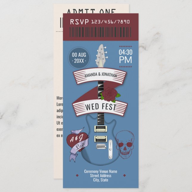 Indie Twilight Rock ’n’ Roll Wedding Ticket Invitation (Front/Back)