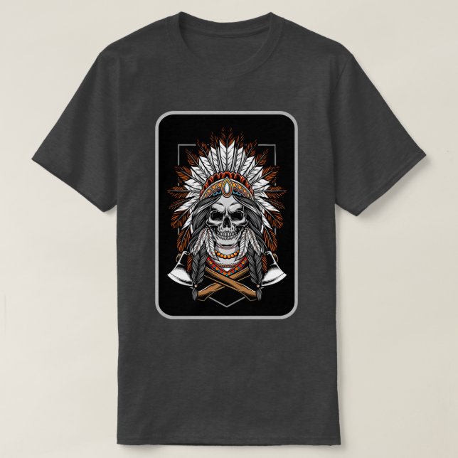 Indigenous Native Skull Double Axe With Feather He T-Shirt (Design Front)