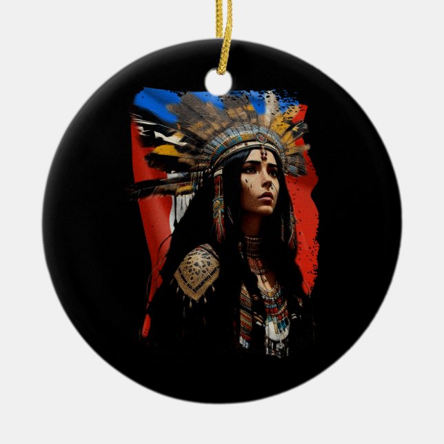 Indigenous Taino Woman Puerto Rican Flag Caribbean Ceramic Tree Decoration (Front)