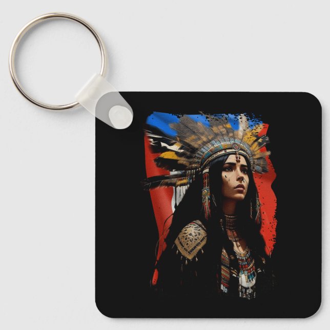 Indigenous Taino Woman Puerto Rican Flag Caribbean Key Ring (Front)