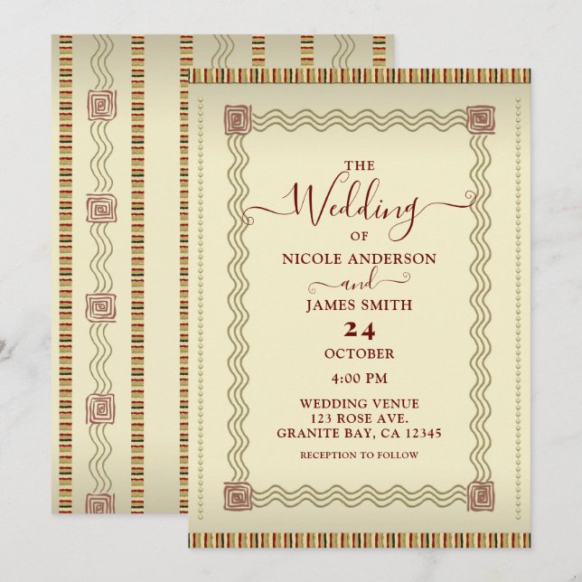 Indigenous Tribal Cream Dark Red & Brown Wedding Invitation (Front/Back)