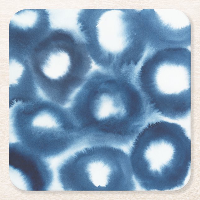 Indigio Watercolor Print Circles Square Paper Coaster (Front)