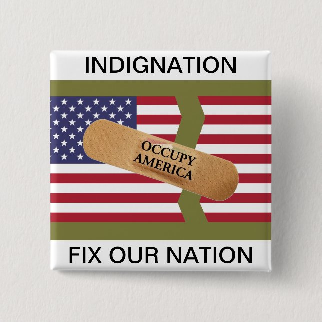 INDIGNATION FIX OUR NATION 15 CM SQUARE BADGE (Front)