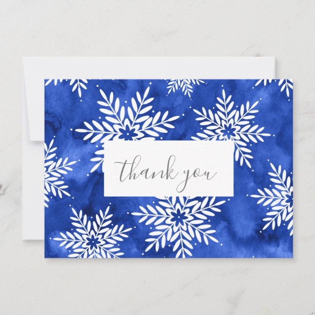 Indigo Abstract Watercolor Snowflakes Thank You Card (Front)