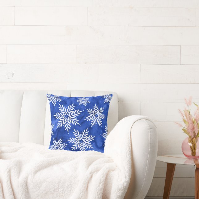 Indigo Abstract Watercolor Snowflakes Throw Pillow (Couch)