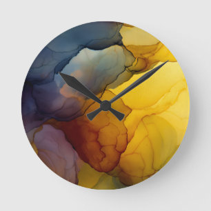 Indigo Amber Alcohol Ink Flow Abstract Round Clock