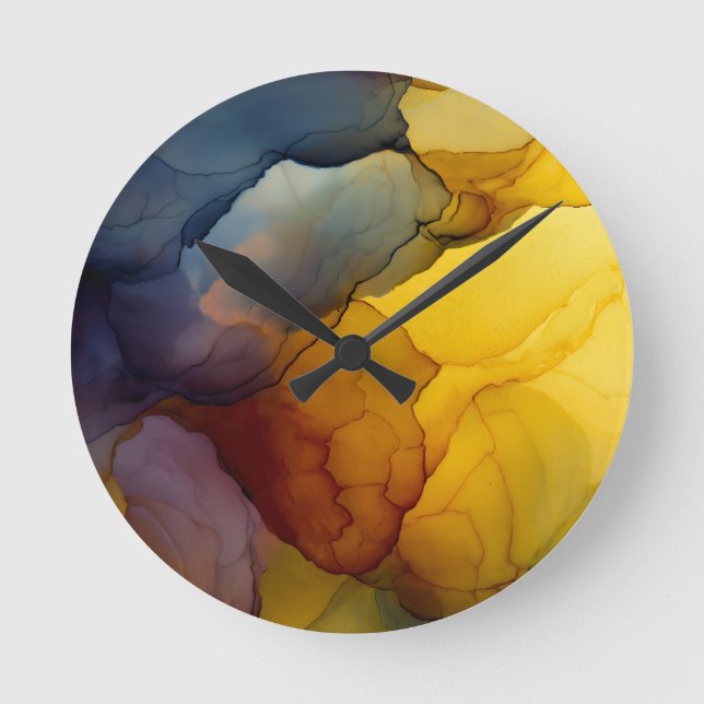 Indigo Amber Alcohol Ink Flow Abstract Round Clock (Front)