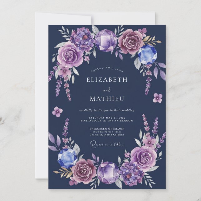 Indigo Amethyst Blossom Wedding Invitation (Front)
