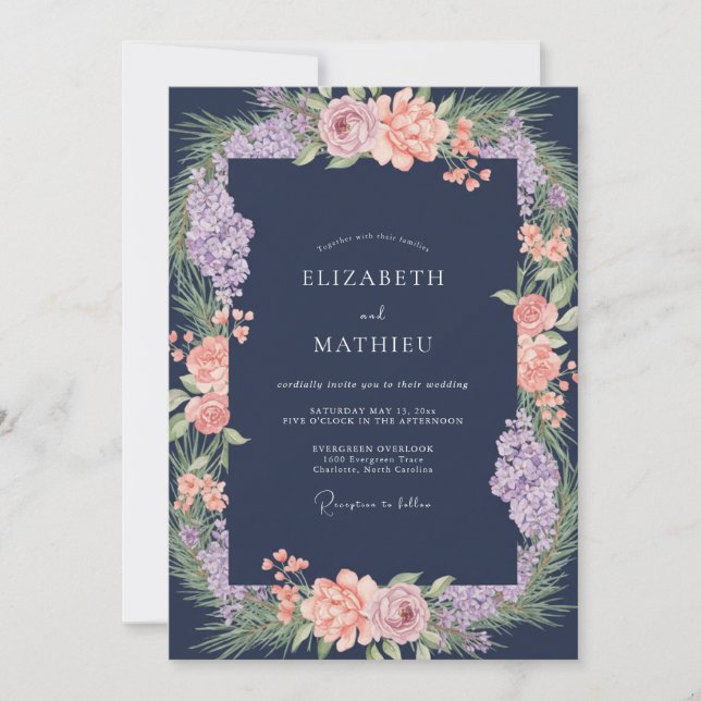 Indigo Amethyst Wreath Wedding Invitation (Front)