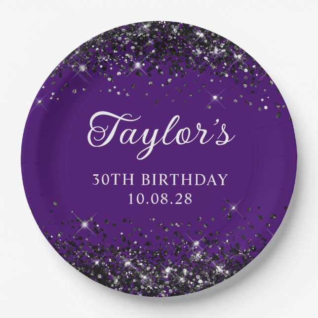 Indigo and Black Glitter 30th Birthday Paper Plate (Front)