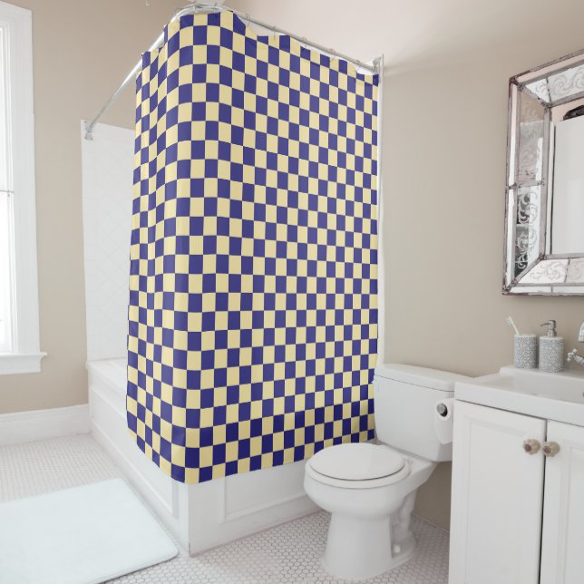 Indigo and butter chequerboard pattern shower curtain (In Situ)