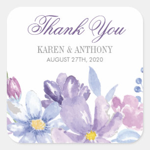 Indigo and Lavender Watercolor Flowers Wedding Square Sticker