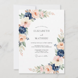 Indigo Apricot Peony Wedding Invitation