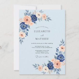 Indigo Apricot Ranunculus Eucalyptus Wedding Invitation