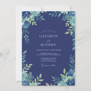 Indigo Aqua Leafy Wedding Invitation