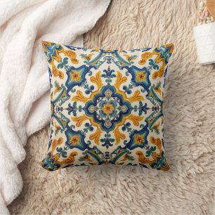 Indigo Azulejo Blue and yellow Portuguese Cushion