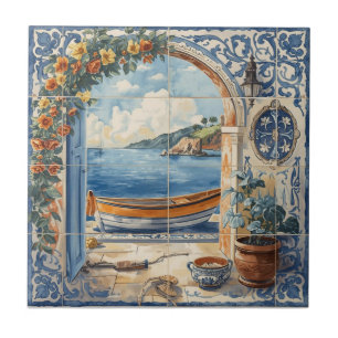 Indigo Azulejo Blue and yellow Portuguese  Tile