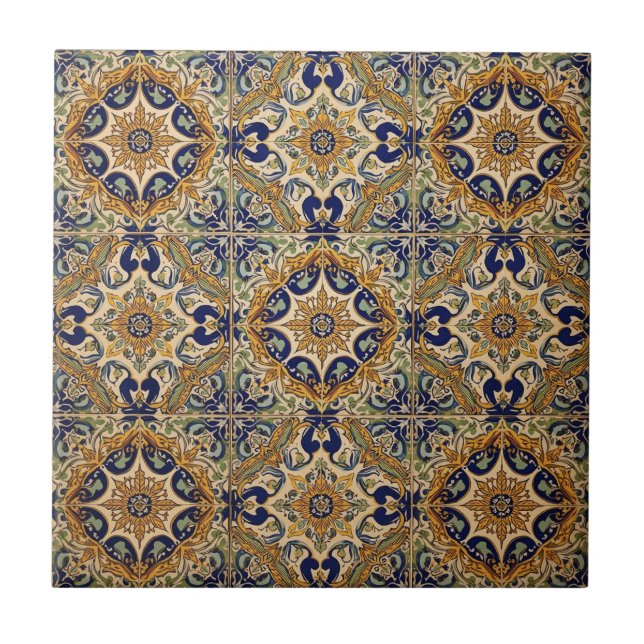 Indigo Azulejo Blue and yellow Portuguese  Tile (Front)