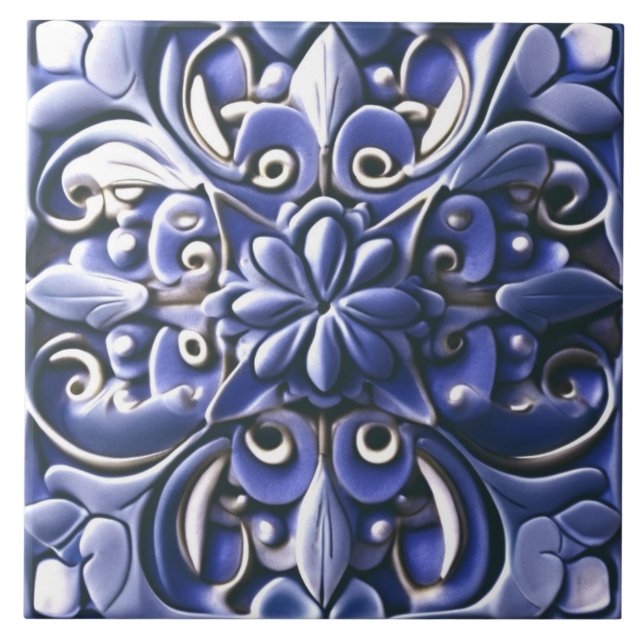 Indigo Azulejo Blue Faux Relief Botanical Flower Tile (Front)