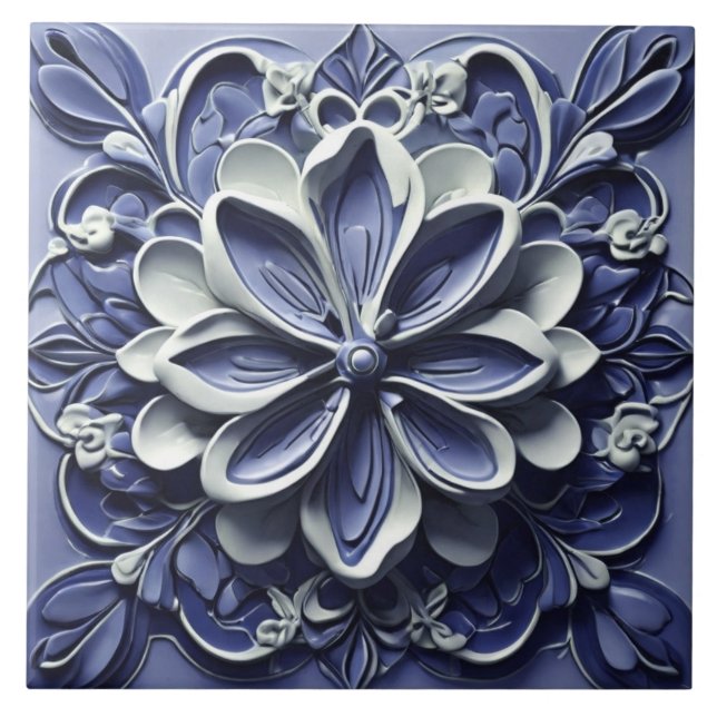 Indigo Azulejo Blue Portuguese Faux Relief Floral Tile (Front)