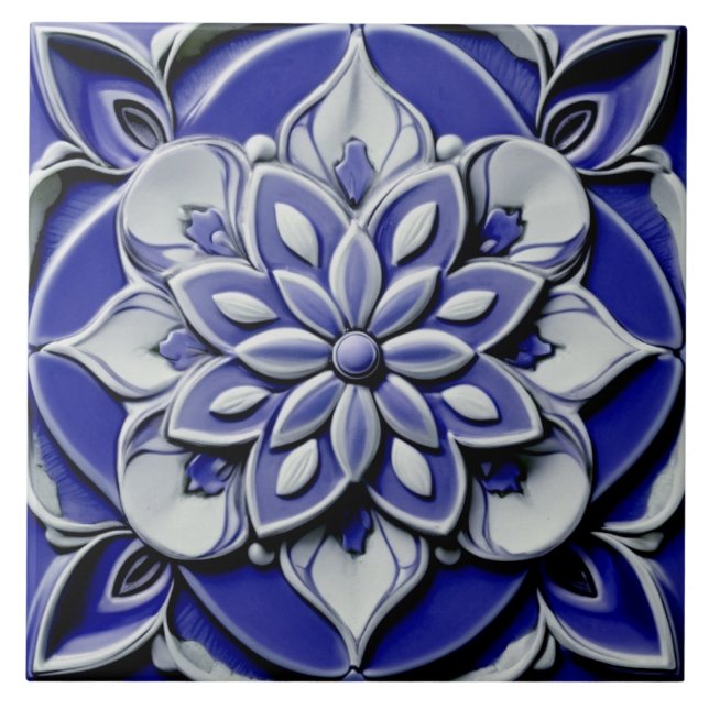 Indigo Azulejo Blue Portuguese Faux Relief Flower Tile (Front)