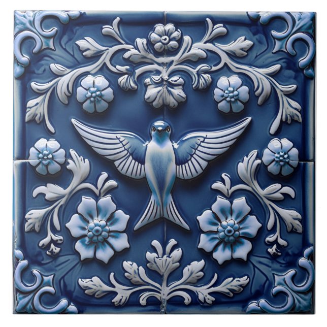 Indigo Azulejo Blue Portuguese Lisbon bird Tile (Front)