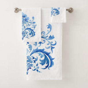 Indigo Azulejo Blue Portuguese Lisbon Botanical Bath Towel Set