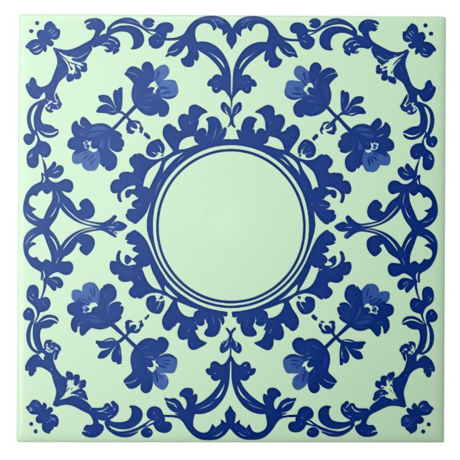 Indigo Azulejo Blue Portuguese Lisbon Botanical Tile (Front)