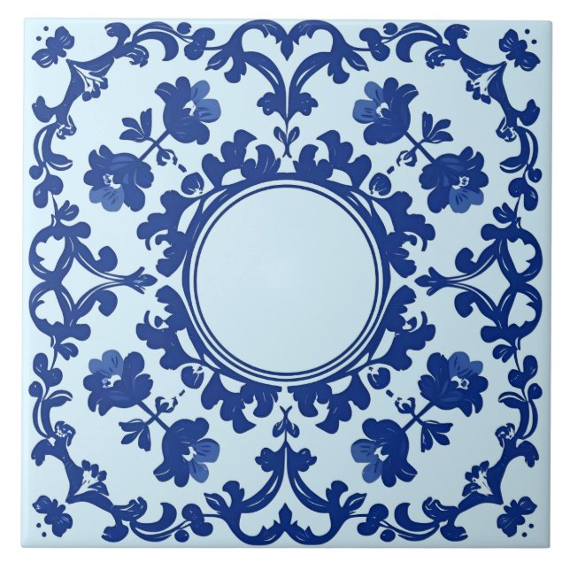 Indigo Azulejo Blue Portuguese Lisbon Botanical Tile (Front)
