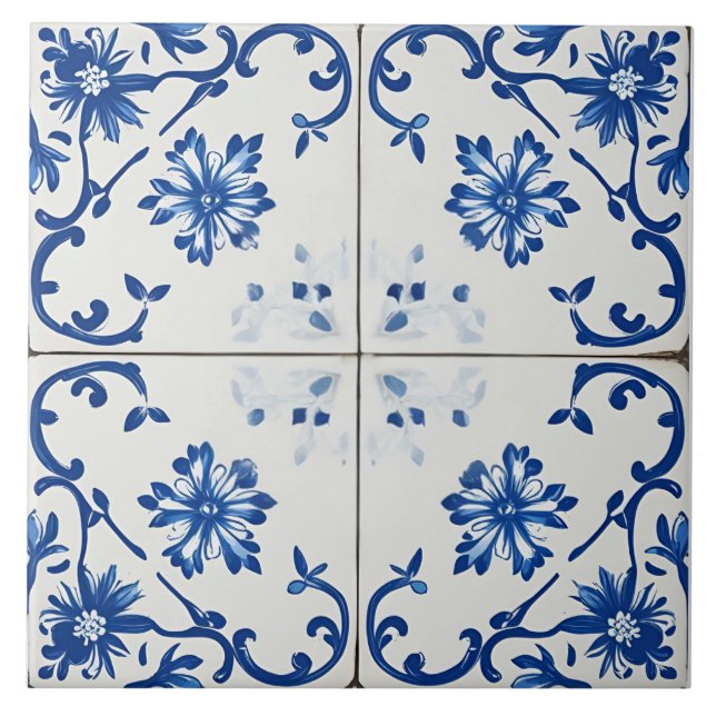 Indigo Azulejo Blue Portuguese Lisbon Botanical Tile (Front)