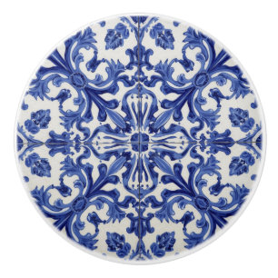 Indigo Azulejo Blue Portuguese Lisbon Talavera  Ceramic Knob