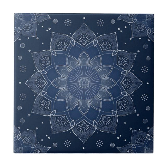 Indigo Azulejo Blue Portuguese Mandala Decorative Tile (Front)