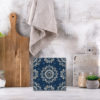 Indigo Azulejo Blue  Portuguese Mandala Decorative Tile