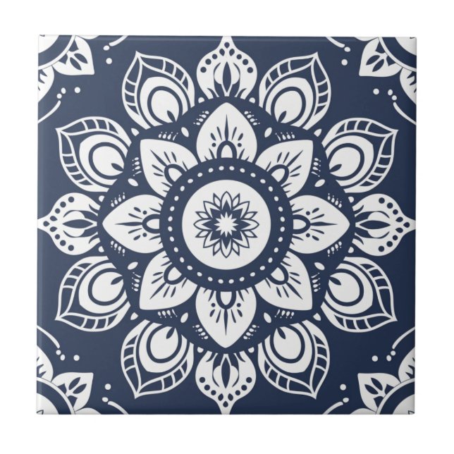 Indigo Azulejo Blue  Portuguese Mandala Decorative Tile (Front)
