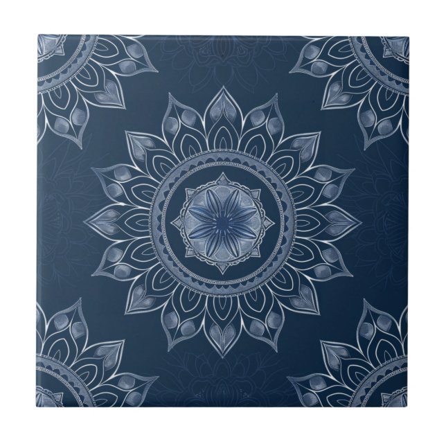 Indigo Azulejo Blue  Portuguese Mandala Decorative Tile (Front)