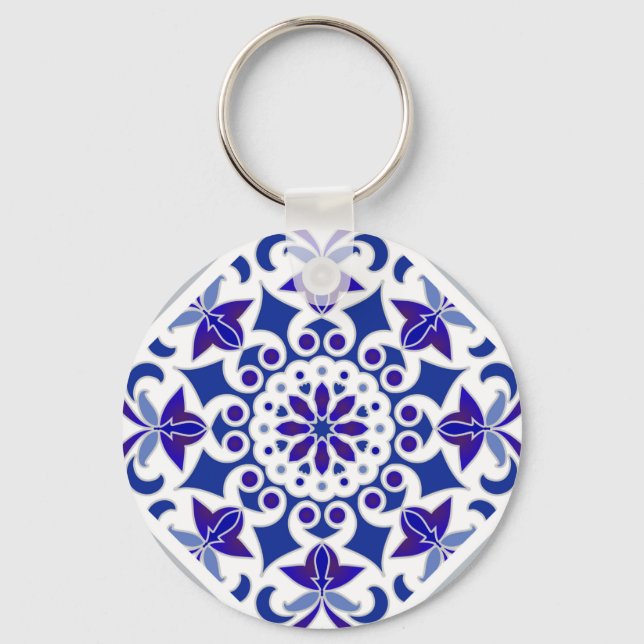 Indigo Azulejos Portuguese Blue and white tiles Key Ring (Front)