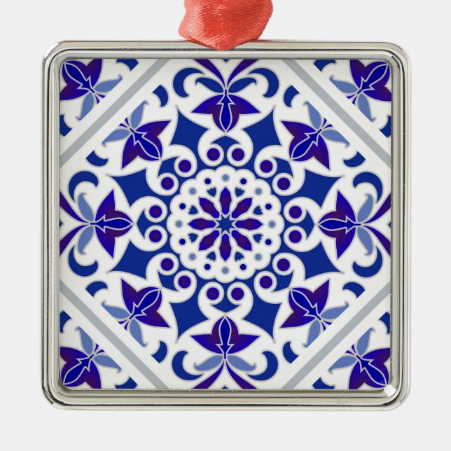 Indigo Azulejos Portuguese Blue and white tiles Metal Tree Decoration (Front)