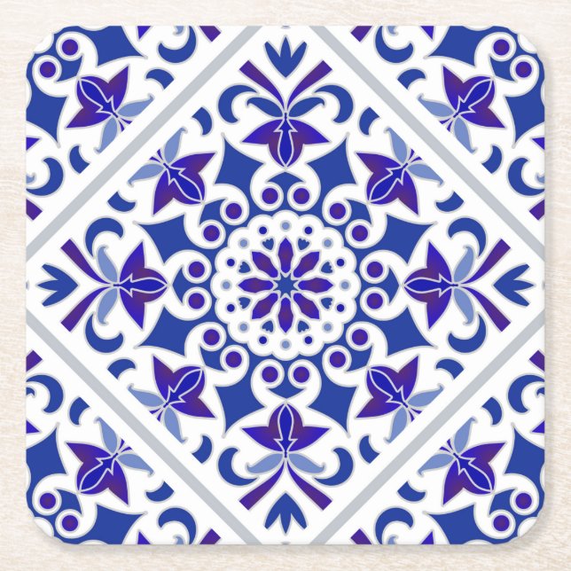 Indigo Azulejos Portuguese Blue and white tiles Square Paper Coaster (Front)