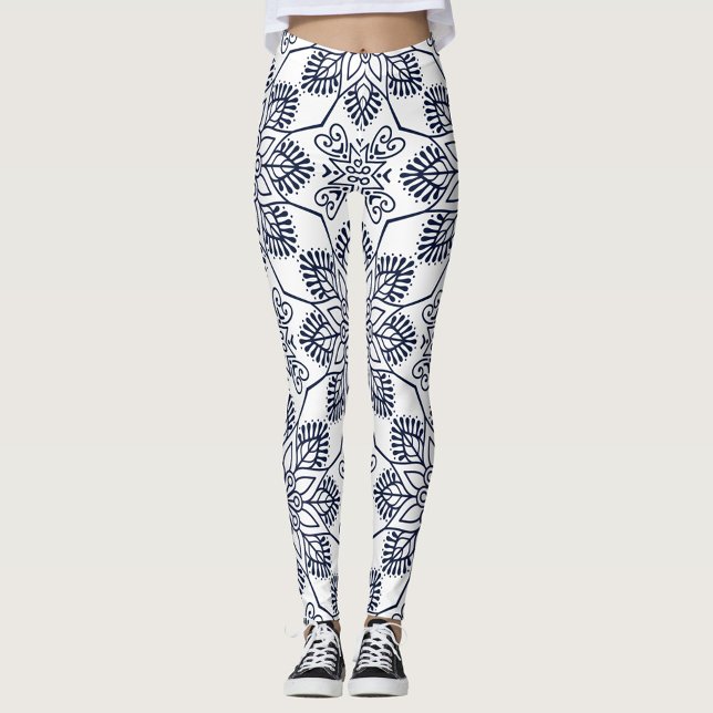 Indigo Bloom Mandala Leggings ("Step into style with these indigo mandala leggings")