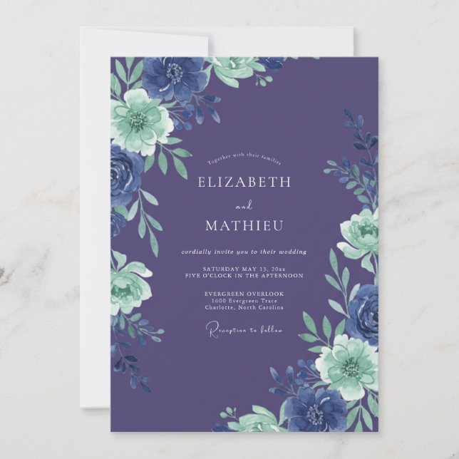Indigo Bloom Romantic Wedding Invitation (Front)