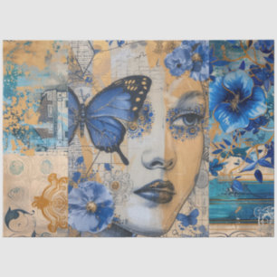 Indigo Blue Abstract Art Collage Decoupage Tissue Paper