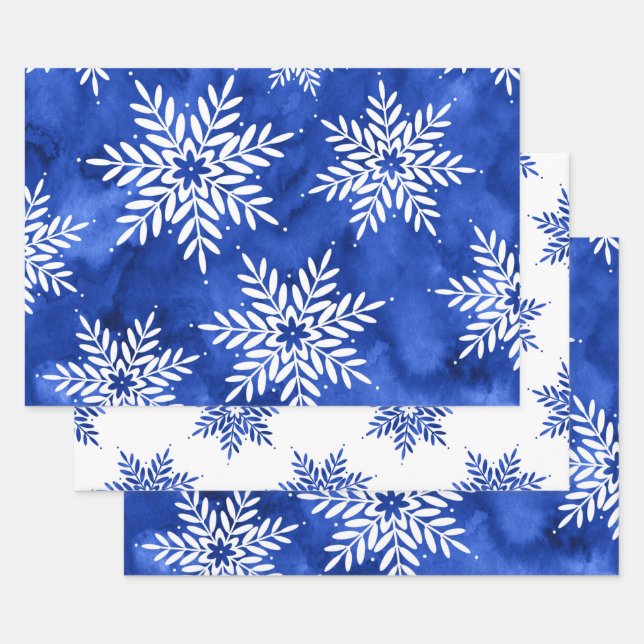 Indigo Blue Abstract Watercolor Snowflakes   Wrapping Paper Sheet (Set)