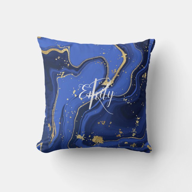 Indigo Blue Agate Marble Abstract Name Monogram  Cushion (Front)
