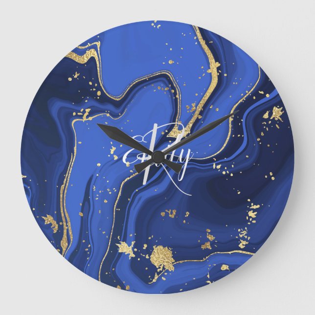 Indigo Blue Agate Marble Abstract Name Monogram  Large Clock (Front)