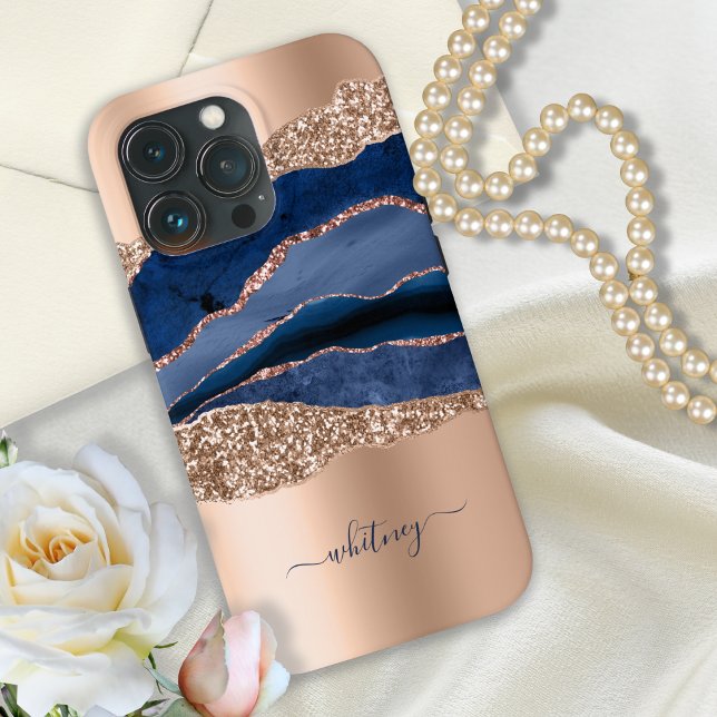 Indigo Blue Agate & Rose Gold Glitter Modern Case-Mate iPhone Case (Creator Uploaded)