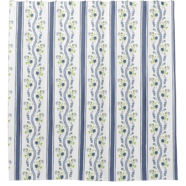 Indigo Blue and Green Flora Stripes Shower Curtain (Front)