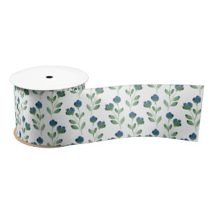 Indigo Blue and Green Watercolor Floral Pattern Satin Ribbon